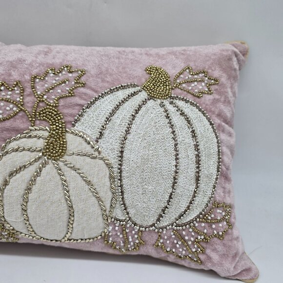 Harvest Moon Decorative Beaded Pumpkin Velvet Throw Pillow Rectangular Accent - Picture 4 of 10